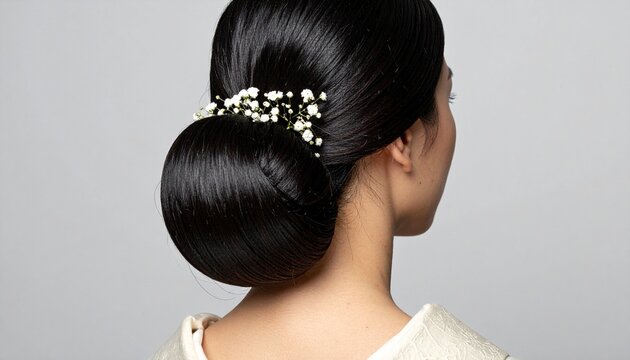 うなじ・首筋・和の美人・美容・ヘアアップ・髪飾り・かんざし・日本人女性・美肌・艶髪・清潔感・和の美素材／Japanese woman nape of neck beauty, elegant hair up style with floral hair ornament kanzashi, smooth glossy healthy hair Japanese beauty stock photo