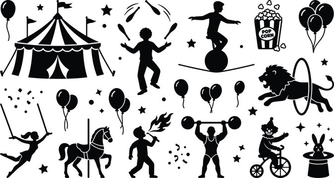 Circus carnival show and vintage amusement park vector icon set with black silhouettes of big top tent juggler tightrope walker lion magician popcorn balloon