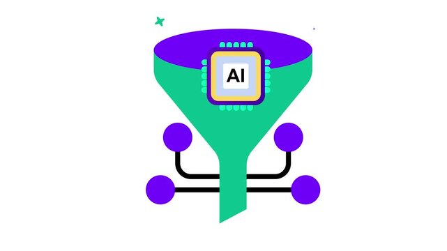 A vibrant infographic illustration of a funnel with ai microchip and circuit elements on white background doodle animated 4k stock video