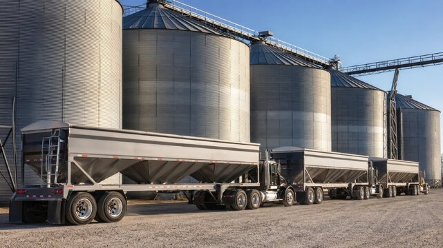 Trucks parked next to grain silos in a farming area during daytime