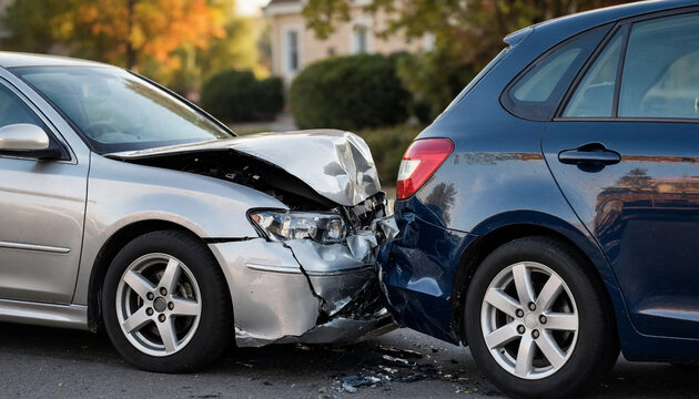 Two damaged cars colliding on a suburban street. Car accident with crushed front end, broken bumper and traffic crash context after a rear impact.