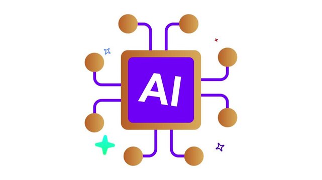 A vibrant purple and gold ai chip icon with circuit board elements and stars on a white background doodle animated 4k stock video