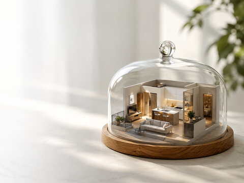 Miniatura de un espacio interior bajo una campana de vidrio en una superficie clara