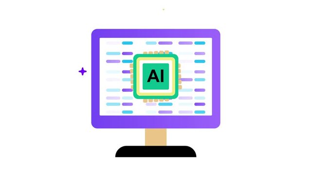 Colorful computer monitor displaying artificial intelligence interface on screen with purple and blue lines doodle animated 4k stock video