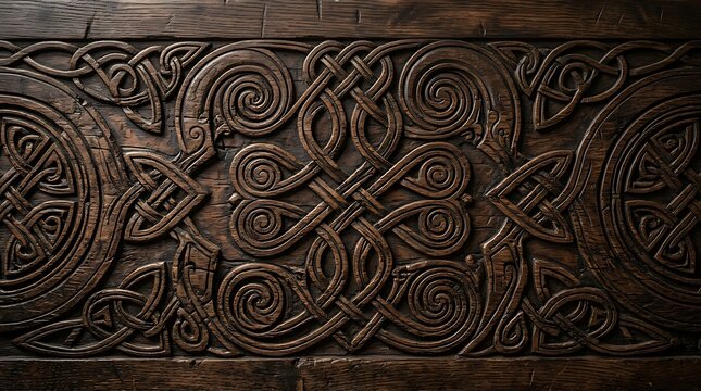 Intricate celtic knotwork patterns carved into aged dark wood