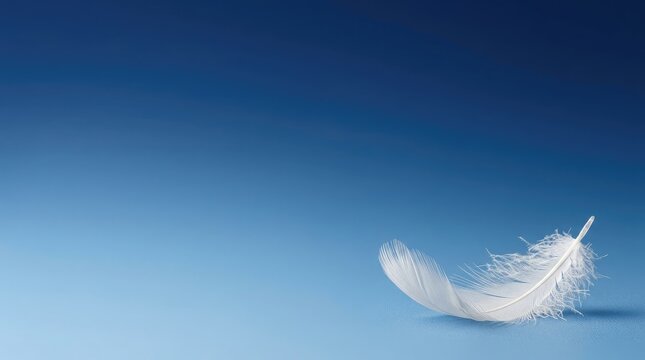Fluffy white feather resting on textured blue fabric background representing gentle peace and mindfulness with copy space