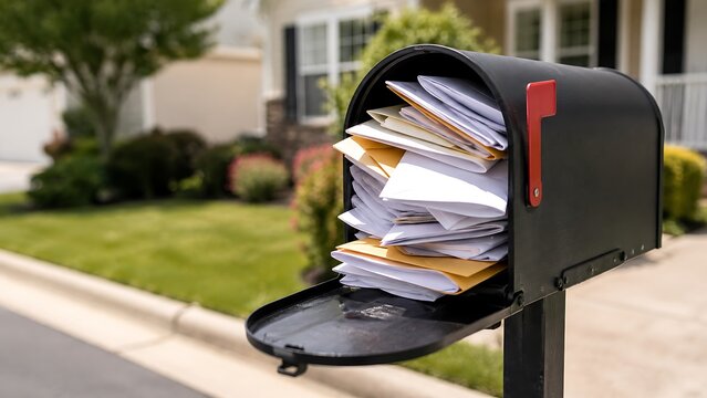 Overfilled mailbox with letters and bills suburban home delivery