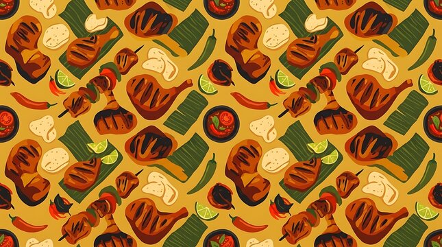 Seamless pattern of grilled meats and barbecue ingredients