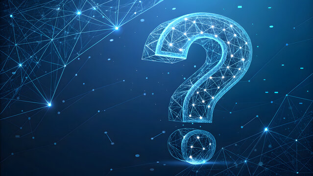 Digital question mark symbol. Futuristic glowing network icon representing problem solving.