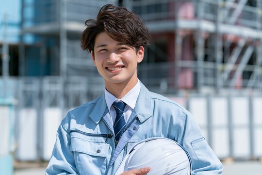 建設現場で働く笑顔の若き日本人建築技術者