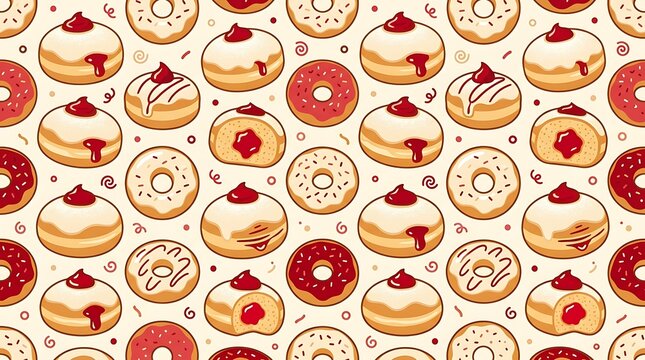 Seamless pattern of assorted glazed donuts and jelly filled donuts