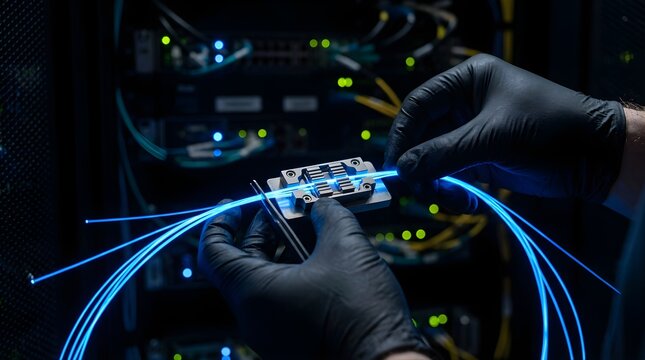 Fiber optic engineer installing network cable in server room data center