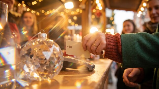 Hand making contactless card payment on terminal beside glittering Christmas bauble ornament