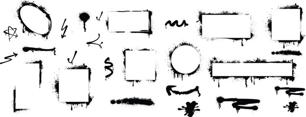 Set of black graffiti spray paint splatters and grunge shapes on isolated transparent background for urban street art design projects and creative backgrounds for digital compositions. © Ymn D. Yo YO