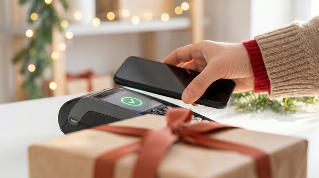 Hand tapping smartphone on payment terminal beside wrapped gift at festive Christmas home