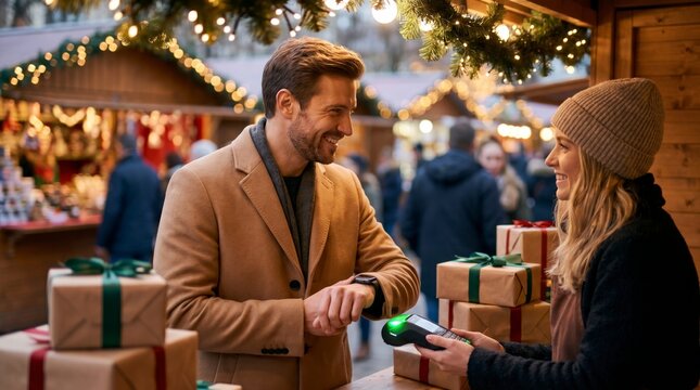 Man making contactless smartwatch payment to vendor among gifts at festive Christmas market