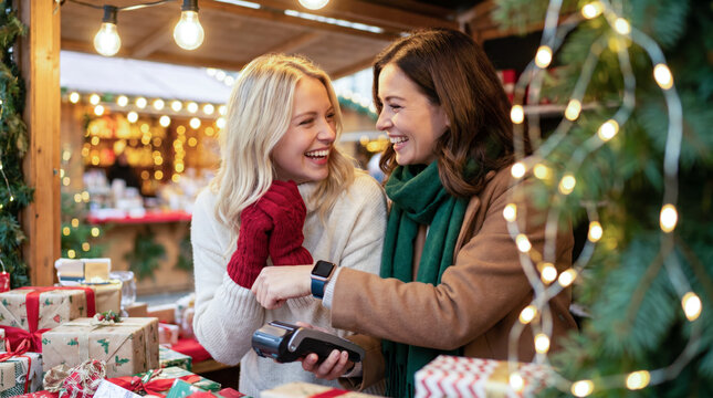 Two joyful women making contactless smartwatch payment among gifts at Christmas market stall