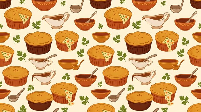 Seamless pattern of savory meat pies and gravy for autumn dining