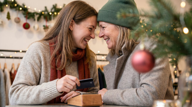 Two affectionate women making contactless card payment in festive decorated boutique store