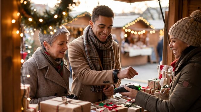 Family making contactless smartwatch payment to vendor at outdoor festive Christmas market