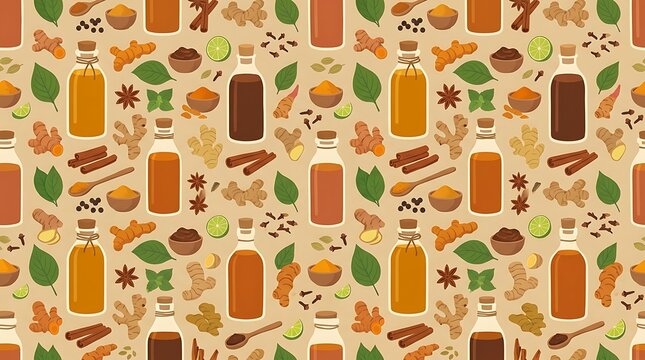 Seamless pattern of spices ginger turmeric and herbal oils