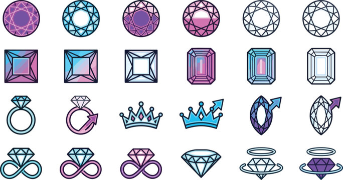 Luxury Diamond and Jewelry Icon Set with Crystal Gemstones, Engagement Rings, Crowns, and Infinity Symbols for Premium Branding and Logo Designs