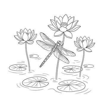 Dragonfly and Lotus Flowers Coloring Page Line Art