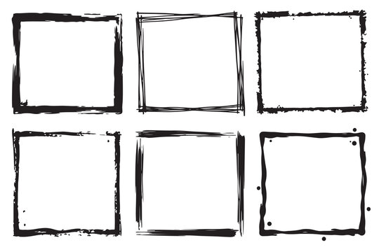 Grunge square frames set, hand drawn ink border collection, 6 black textured brush stroke frames for photo edges and graphic design, EPS vector