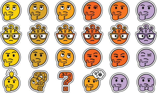 Thinking Emoji Sticker Set with Diverse Skin Tones, Curled Question Marks, Idea Lightbulbs, and Confused Expression Icons for Chat Apps