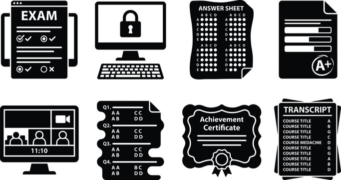 Online exam and distance learning vector icon set for digital education platforms and academic testing