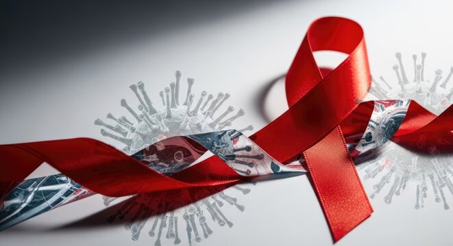 Vibrant ribbon loop: red emblem, Acquired Immunodeficiency, Human Virus, Syndrome combat, global pandemic, health hope, medical support, disease prevention, AIDS awareness.
