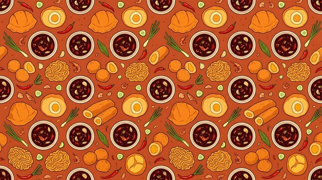 Seamless pattern of indonesian pempek fish cake and spicy sauce