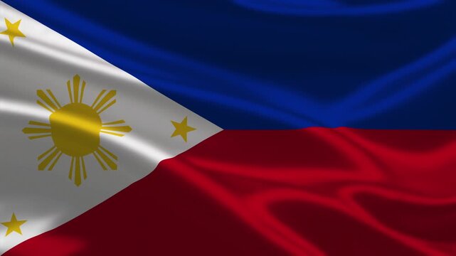 Animated waving national flag of the Philippines featuring blue and red horizontal bands with a white triangle containing a golden sun and three stars on silky fabric