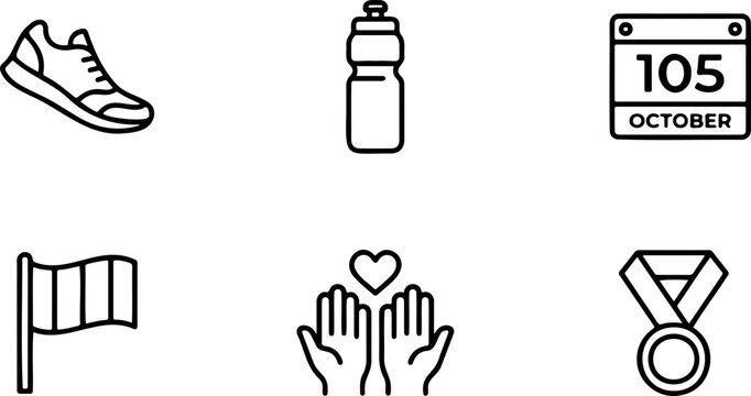 Running shoe water bottle calendar flag hands holding heart and medal icons representing charity walk with displays set six simple line art icons arranged two rows