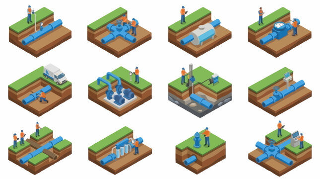 Isometric pixel art village with rivers and bridges.