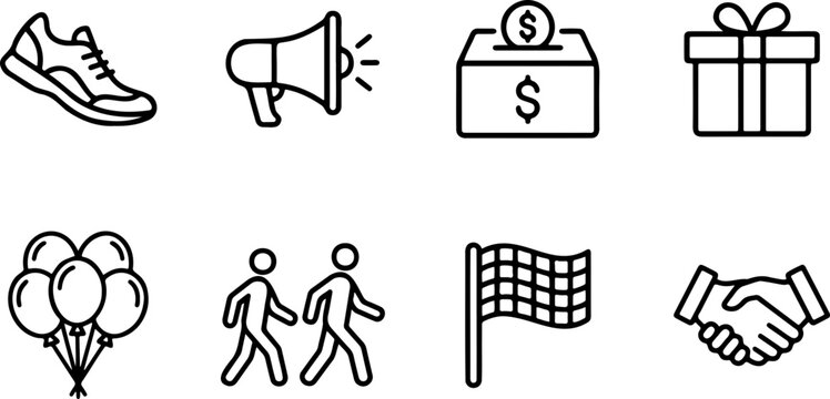 Set of simple line icons representing community fundraising and event elements shoe megaphone donation box gift balloons people walking flag with black white line art icons arranged 2x4 grid