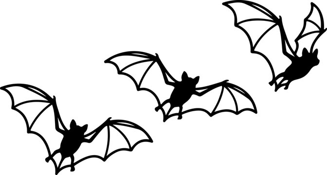 Black silhouettes of three flying bats arranged in a diagonal line isolated on a clean white background for seasonal graphic design with each captured dynamic pose wings spread wide
