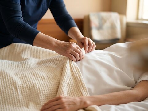 Caregiver tucking blanket around sleeping elderly person in bed