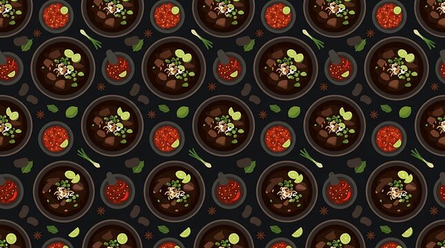 Seamless pattern of indonesian rawon beef soup and spicy sambal sauce
