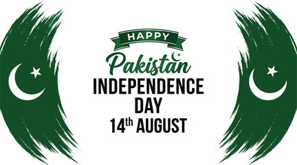 Happy Pakistan Independence Day horizontal banner design template featuring central greeting typography framed by green crescent brush strokes © mdtanjimul