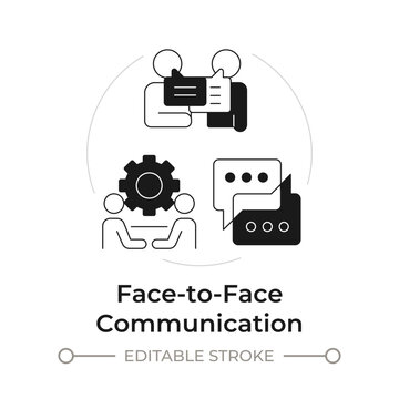 Face to face communication modern flat line concept icon. Workplace relationship building. Collaborative team culture. Solid and outline vector illustration. Round black and white design