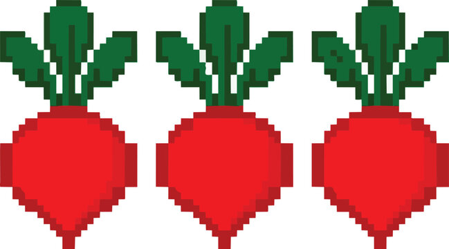 Isolated set of three pixel art radishes side by side, featuring bright red root vegetables with green leafy tops, perfect for retro game assets and vector design elements