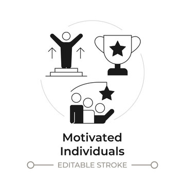 Motivated individuals modern flat line concept icon. Career development goals. High performance mindset culture. Solid and outline vector illustration. Round black and white design