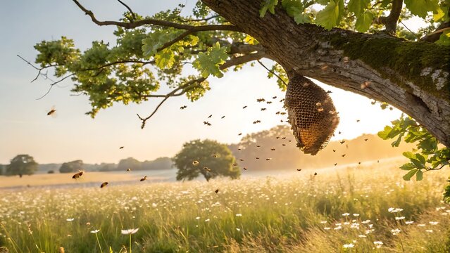 Wild honey bee hive hanging on tree branch in sunny meadow with flying bees