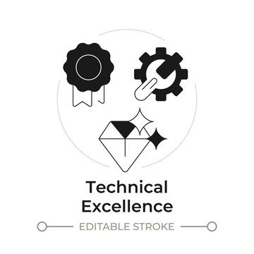 Technical excellence modern flat line concept icon. Engineering standards. High level tech innovation. Top performance delivery. Solid and outline vector illustration. Round black and white design