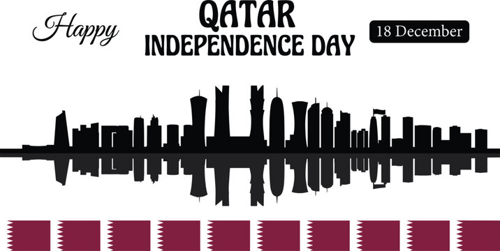 Happy Qatar National Day greeting banner template featuring Doha city skyline silhouette with reflections and maroon national flag borders