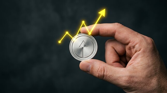 Hand holding silver coin with upward trending yellow graph line currency