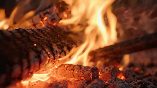 Close-up of Burning Log with Flames and Sparks.