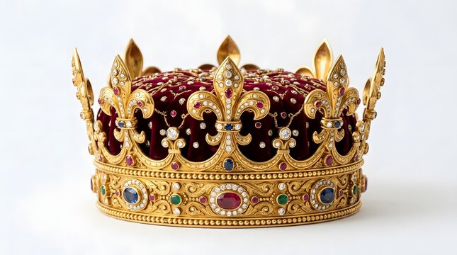 Ornate gold and velvet royal crown with precious gemstones