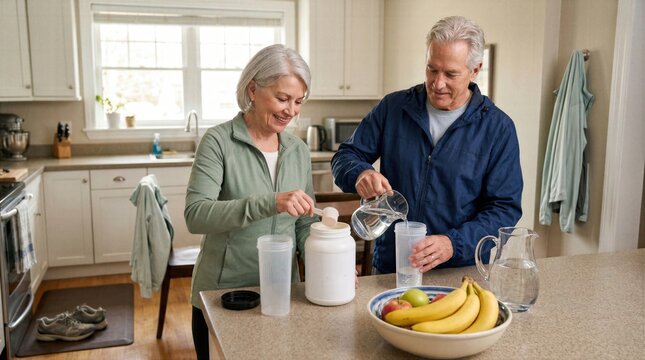 Couple wellness scene with shaker bottles, walking shoes and fruit, focused on protein intake, creatine routine and active mature lifestyle.